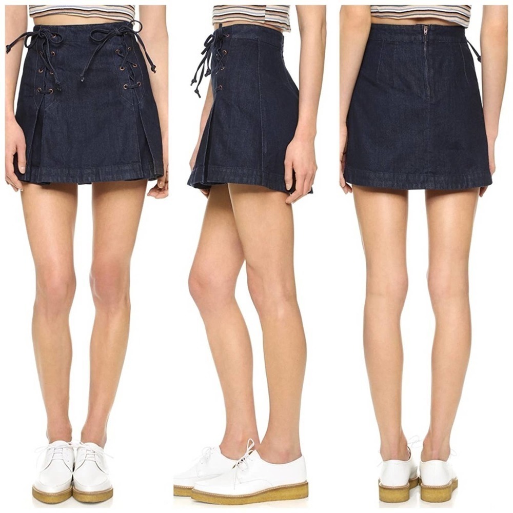 Anthropologie Free People Denim Blue Jean Mini Skirt Size 12 A line flare